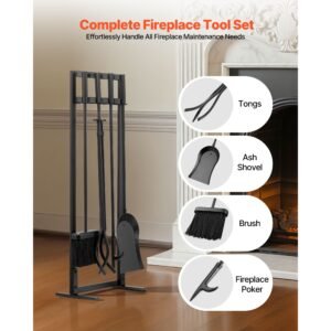 fireplace tool set, 5 pcs fire tool set and holder with square frame stand, tongs, ash shovel, brush, fire place poker, wrought iron steel fireplace accessories for indoor/outdoor, black