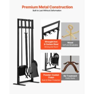 fireplace tool set, 5 pcs fire tool set and holder with square frame stand, tongs, ash shovel, brush, fire place poker, wrought iron steel fireplace accessories for indoor/outdoor, black