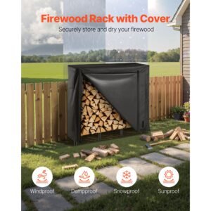 firewood rack with waterproof cover, 4 ft outdoor firewood holder, 1/4 cord storage metal log holder, 400lb max weight capacity, full covered, powder coated wood storage rack for fireplace deck
