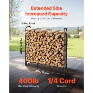 firewood rack with waterproof cover, 4 ft outdoor firewood holder, 1/4 cord storage metal log holder, 400lb max weight capacity, full covered, powder coated wood storage rack for fireplace deck
