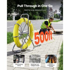 fish tape fiberglass, 500ft 6.3mm, duct rodder fishtape wire puller with stand, 1/4 inch cable running rod, marked every 5 feet, fishing tools for walls and electrical conduit, non conductive