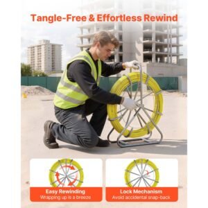 fish tape fiberglass, 500ft 6.3mm, duct rodder fishtape wire puller with stand, 1/4 inch cable running rod, marked every 5 feet, fishing tools for walls and electrical conduit, non conductive