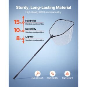 fishing net, foldable landing nets with telescopic handle and built in length scale, lightweight and stronger 6063 aluminum fish gear, soft silicone mesh, holds up to 30 lbs, for kayak boat bank