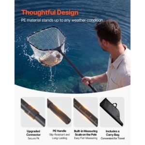 fishing net, foldable landing nets with telescopic handle and built in length scale, lightweight and stronger 6063 aluminum fish gear, soft silicone mesh, holds up to 30 lbs, for kayak boat bank