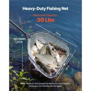 fishing net, foldable landing nets with telescopic handle and built in length scale, lightweight and stronger 6063 aluminum fish gear, soft silicone mesh, holds up to 30 lbs, for kayak boat bank