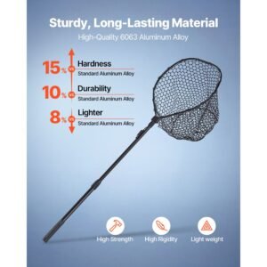 fishing net, foldable landing nets with telescopic handle, portable lightweight and stronger 6063 aluminum fish gear, soft silicone fish friendly mesh, for kayak, boat, bank, pond, gifts for men