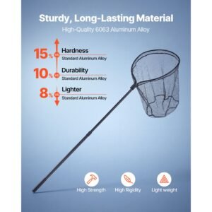 fishing net, landing nets with telescopic handle, portable lightweight stronger 6063 aluminum fish gear, nylon covered pvc, durable and fish friendly, 26 inch net opening for saltwater bait fish