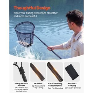 fishing net, landing nets with telescopic handle, portable lightweight stronger 6063 aluminum fish gear, nylon covered pvc, durable and fish friendly, 26 inch net opening for saltwater bait fish