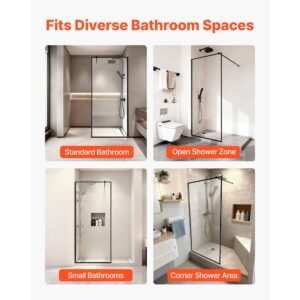 fixed glass shower panel, 34 x 73.6 in full framed fixed shower screen, 5/16 in thick clear tempered glass door with bottom seal strip and hardware, easy to clean, for bathroom, matte black