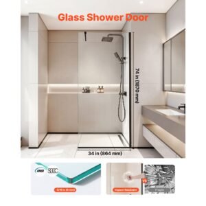 fixed glass shower panel, 34 x 73.6 in semi framed fixed shower screen, 5/16 in thick clear tempered glass door with bottom seal strip and hardware, easy to clean, for bathroom, matte black
