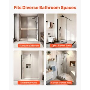 fixed glass shower panel, 34 x 73.6 in semi framed fixed shower screen, 5/16 in thick clear tempered glass door with bottom seal strip and hardware, easy to clean, for bathroom, matte black