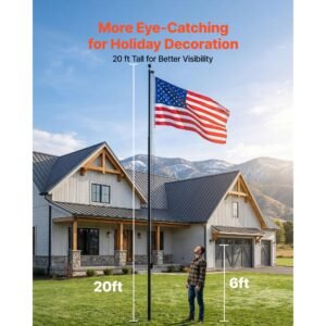 flag pole, 20ft heavy duty sectional flagpole kit for outside house in ground, extra thick outdoor aluminum flagpole kit with 3x5 american flag for yard, residential or commercial use, black