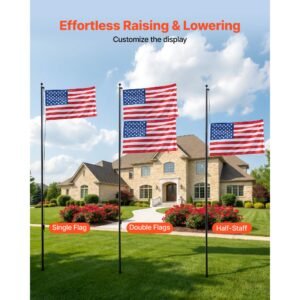 flag pole, 20ft heavy duty sectional flagpole kit for outside house in ground, extra thick outdoor aluminum flagpole kit with 3x5 american flag for yard, residential or commercial use, black