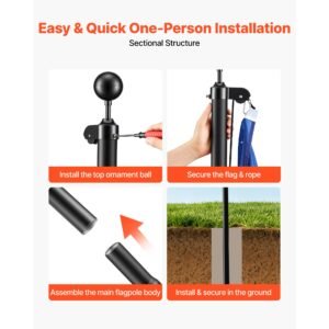 flag pole, 20ft heavy duty sectional flagpole kit for outside house in ground, extra thick outdoor aluminum flagpole kit with 3x5 american flag for yard, residential or commercial use, black