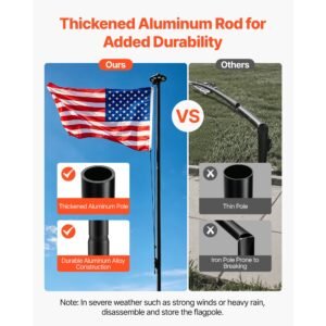 flag pole, 20ft heavy duty sectional flagpole kit with 136 led solar light for outside house in ground, outdoor aluminum flagpole with 3x5 american flag for yard, residential, commercial, black