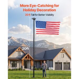 flag pole, 20ft heavy duty sectional flagpole kit with 136 led solar light for outside house in ground, outdoor aluminum flagpole with 3x5 american flag for yard, residential, commercial, black