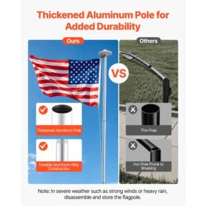 flag pole, 20ft heavy duty sectional flagpole kit with 136 led solar light for outside house in ground, outdoor aluminum flagpole with 3x5 american flag for yard, residential, commercial, silver
