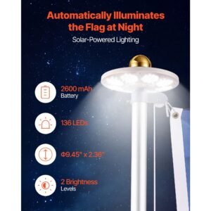 flag pole, 20ft heavy duty sectional flagpole kit with 136 led solar light for outside house in ground, outdoor aluminum flagpole with 3x5 american flag for yard, residential, commercial, silver