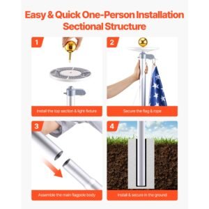flag pole, 20ft heavy duty sectional flagpole kit with 136 led solar light for outside house in ground, outdoor aluminum flagpole with 3x5 american flag for yard, residential, commercial, silver