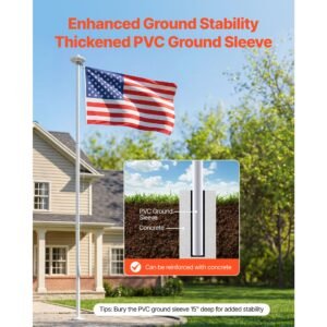 flag pole, 20ft heavy duty sectional flagpole kit with 136 led solar light for outside house in ground, outdoor aluminum flagpole with 3x5 american flag for yard, residential, commercial, silver