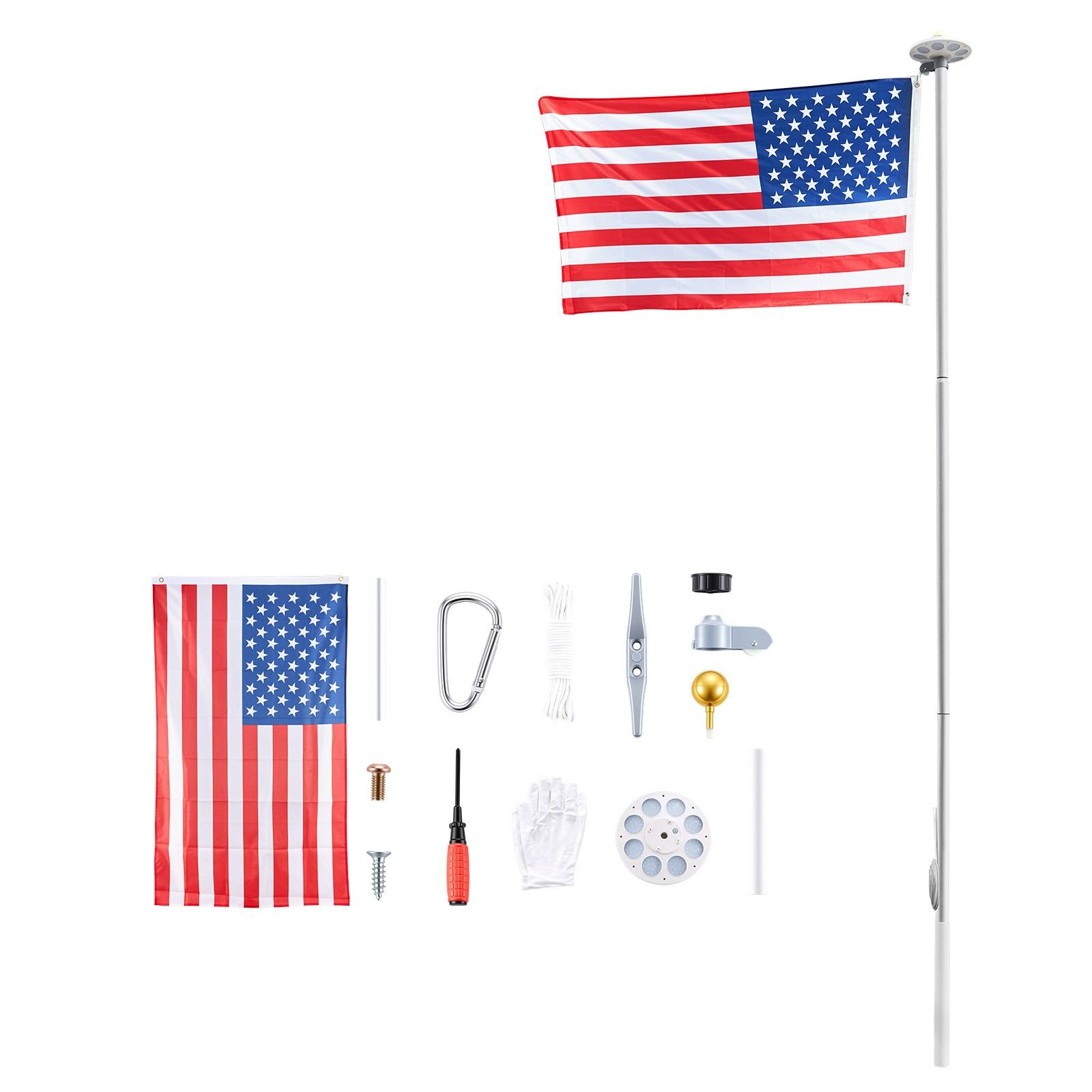 flag pole, 20ft heavy duty sectional flagpole kit with 136 led solar light for outside house in ground, outdoor aluminum flagpole with 3x5 american flag for yard, residential, commercial, silver