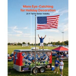 flag pole, 20ft heavy duty telescopic flagpole kit with mounting base for vehicles, extra thick outdoor aluminum flagpole kit with 3x5 american flag for sedans, pickups, rvs, food trucks, black