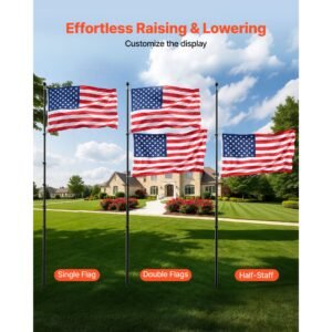 flag pole, 20ft heavy duty telescopic flagpole kit with mounting base for vehicles, extra thick outdoor aluminum flagpole kit with 3x5 american flag for sedans, pickups, rvs, food trucks, black