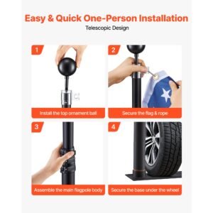flag pole, 20ft heavy duty telescopic flagpole kit with mounting base for vehicles, extra thick outdoor aluminum flagpole kit with 3x5 american flag for sedans, pickups, rvs, food trucks, black