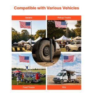flag pole, 20ft heavy duty telescopic flagpole kit with mounting base for vehicles, extra thick outdoor aluminum flagpole kit with 3x5 american flag for sedans, pickups, rvs, food trucks, black