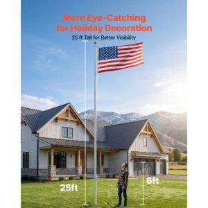 flag pole, 25ft heavy duty sectional flagpole kit for outside house in ground, extra thick outdoor aluminum flagpole kit with 3x5 american flag for yard, residential or commercial use, silver