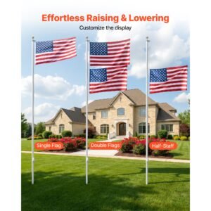 flag pole, 25ft heavy duty sectional flagpole kit for outside house in ground, extra thick outdoor aluminum flagpole kit with 3x5 american flag for yard, residential or commercial use, silver