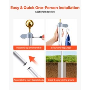 flag pole, 25ft heavy duty sectional flagpole kit for outside house in ground, extra thick outdoor aluminum flagpole kit with 3x5 american flag for yard, residential or commercial use, silver