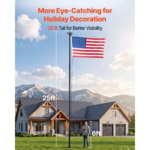 flag pole, 25ft heavy duty sectional flagpole kit with 136 led solar light for outside house in ground, outdoor aluminum flagpole with 3x5 american flag for yard, residential, commercial, black