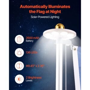 flag pole, 25ft heavy duty sectional flagpole kit with 136 led solar light for outside house in ground, outdoor aluminum flagpole with 3x5 american flag for yard, residential, commercial, silver