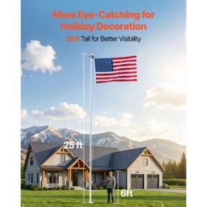 flag pole, 25ft heavy duty sectional flagpole kit with 136 led solar light for outside house in ground, outdoor aluminum flagpole with 3x5 american flag for yard, residential, commercial, silver