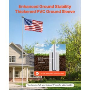 flag pole, 25ft heavy duty sectional flagpole kit with 136 led solar light for outside house in ground, outdoor aluminum flagpole with 3x5 american flag for yard, residential, commercial, silver