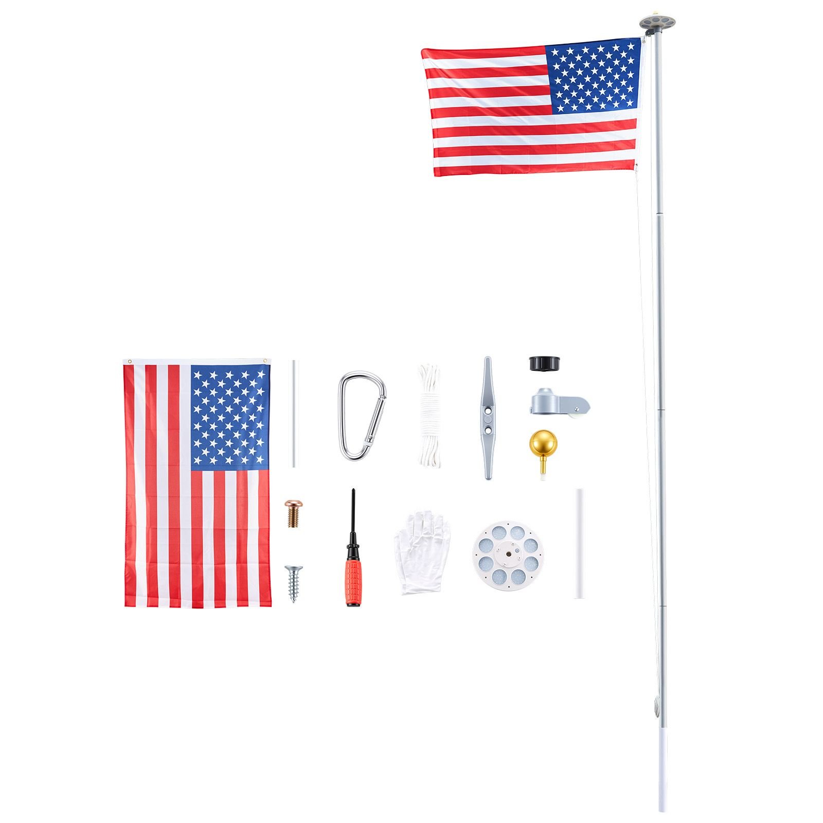 flag pole, 25ft heavy duty sectional flagpole kit with 136 led solar light for outside house in ground, outdoor aluminum flagpole with 3x5 american flag for yard, residential, commercial, silver