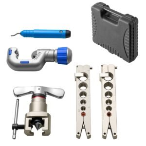 Flaring Tool HVAC, 45° Eccentric Single Flaring Tool for 1/4"-3/4" & 6-19mm Copper Aluminum Tubes - with Metric & SAE Clamps, Tube Cutter & Toolbox for Refrigeration Air Conditioner Repair