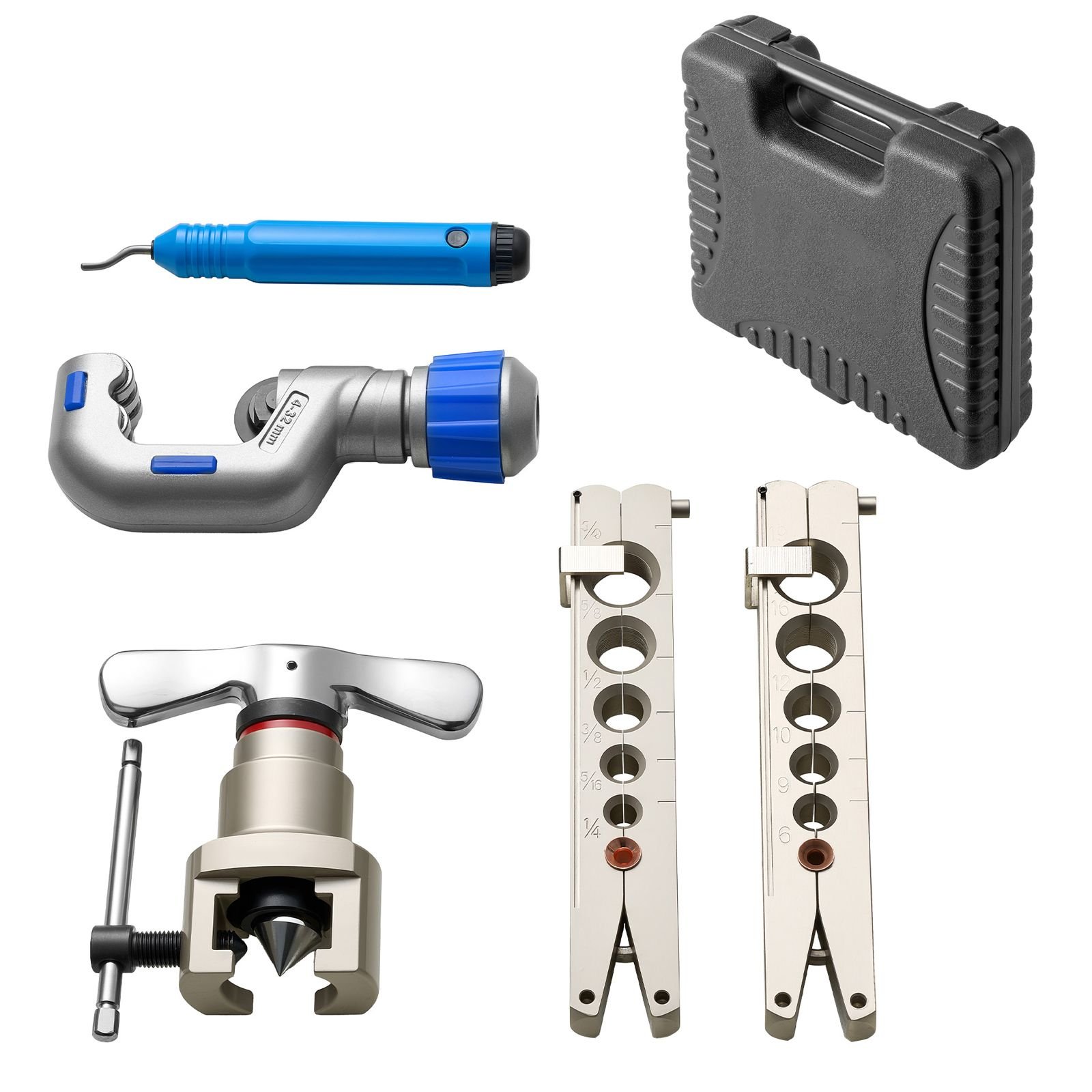 flaring tool hvac, 45° eccentric single flaring tool for 1/4" 3/4" & 6 19mm copper aluminum tubes with metric & sae clamps, tube cutter & toolbox for refrigeration air conditioner repair