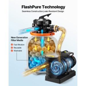 flashpure sand filter pump, 16 in for above ground pool, 1 hp 4400 gph, swimming pool filter system with timer, 6x faster filtration with media installed, leak resistant, ready to use out of box