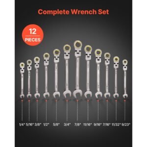 flex head ratcheting wrench set, 12 piece sae sizes, 72 teeth, cr v steel ratchet flexible combination wrench set with roll up pouch, for general household and automotive repairs, gray nickel