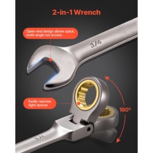flex head ratcheting wrench set, 12 piece sae sizes, 72 teeth, cr v steel ratchet flexible combination wrench set with roll up pouch, for general household and automotive repairs, gray nickel