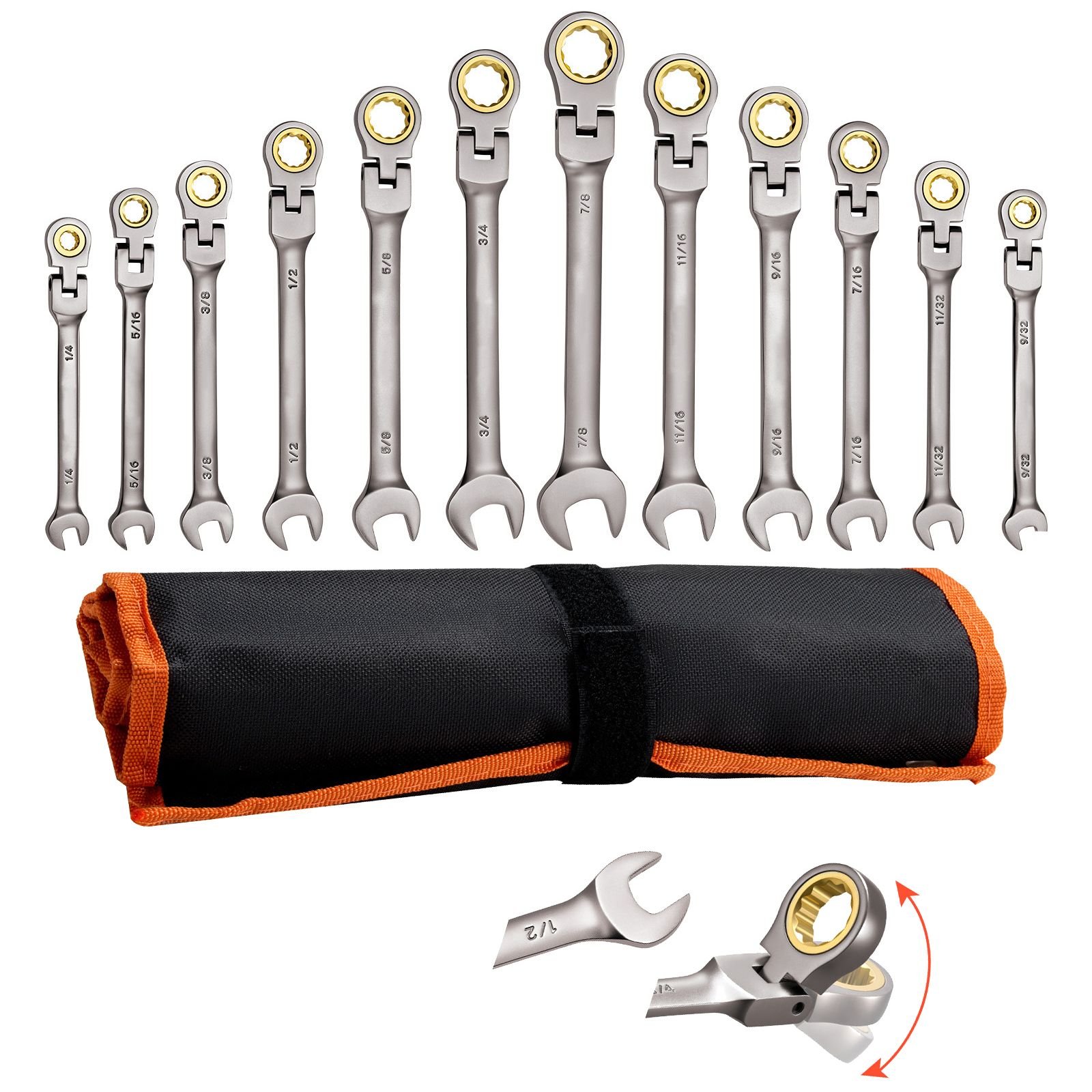 flex head ratcheting wrench set, 12 piece sae sizes, 72 teeth, cr v steel ratchet flexible combination wrench set with roll up pouch, for general household and automotive repairs, gray nickel