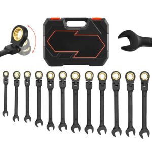 Flex-Head Ratcheting Wrench Set, 24-Piece SAE and Metric, 72 Teeth, Cr-V Steel Ratchet Flexible Combination Wrench Set with Storage Case, for General Household and Automotive Repairs, Black