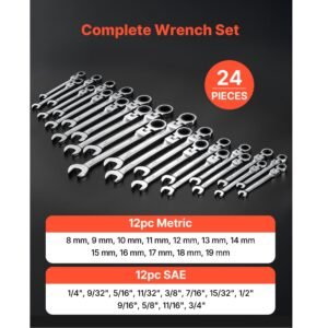 flex head ratcheting wrench set, 24 piece sae and metric, 72 teeth, cr v steel ratchet flexible combination wrench set with storage case, for general household and automotive repairs, silver