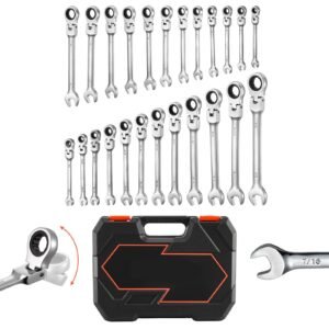 Flex-Head Ratcheting Wrench Set, 24-Piece SAE and Metric, 72 Teeth, Cr-V Steel Ratchet Flexible Combination Wrench Set with Storage Case, for General Household and Automotive Repairs, Silver