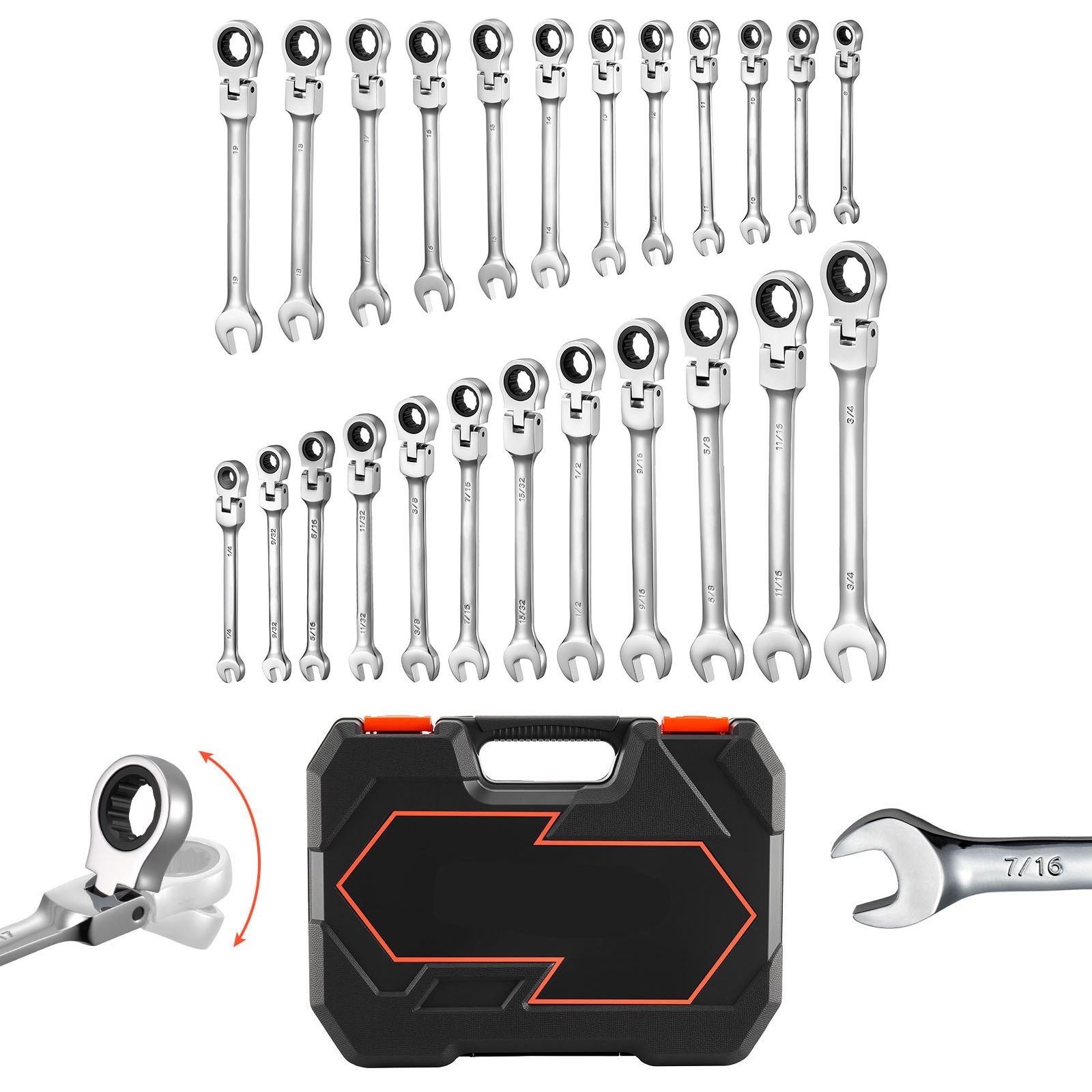 flex head ratcheting wrench set, 24 piece sae and metric, 72 teeth, cr v steel ratchet flexible combination wrench set with storage case, for general household and automotive repairs, silver
