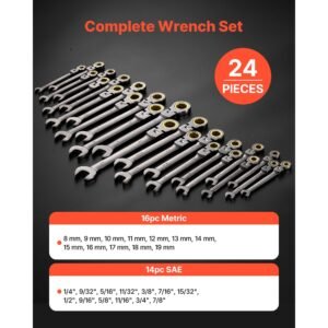 flex head ratcheting wrench set, 24 piece sae and metric, 72 teeth, cr v steel ratchet flexible combination wrench set with storage case, for general household, automotive repairs, gray nickel