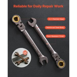 flex head ratcheting wrench set, 24 piece sae and metric, 72 teeth, cr v steel ratchet flexible combination wrench set with storage case, for general household, automotive repairs, gray nickel