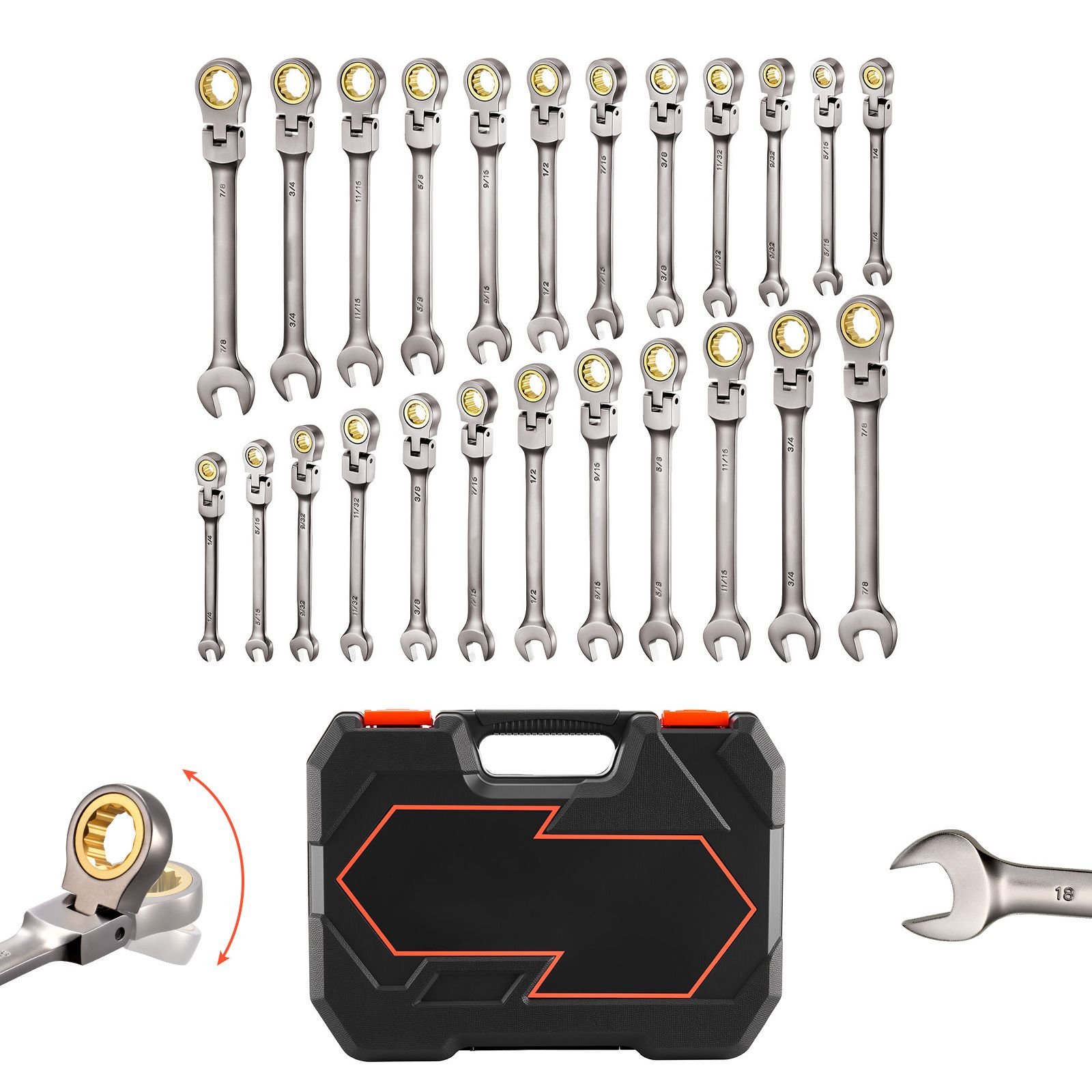 flex head ratcheting wrench set, 24 piece sae and metric, 72 teeth, cr v steel ratchet flexible combination wrench set with storage case, for general household, automotive repairs, gray nickel